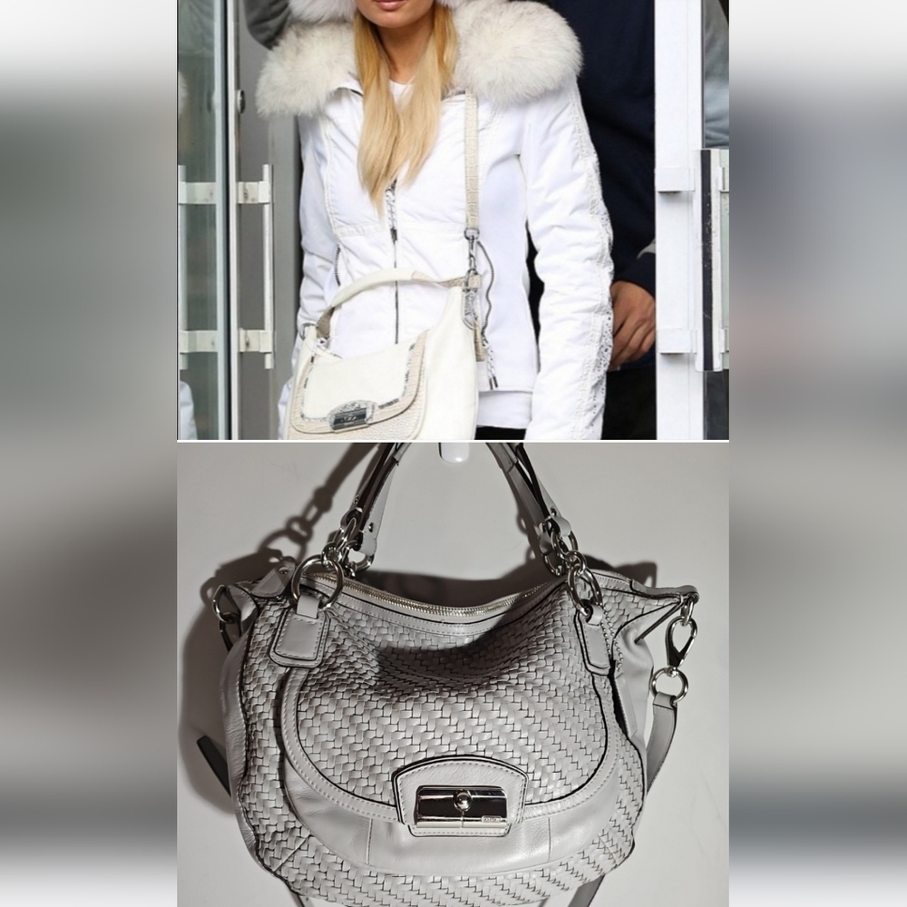 Coach Kristen Woven Round Leather Satchel $498 Authentic Gray/Silver VGUC